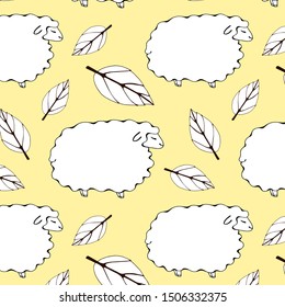 seamless pattern with lambs and leaves. white sheep and leaves on a peach background. vector illustration.