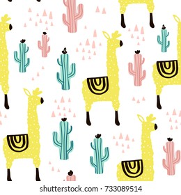 Patrón inoxidable con lama, cactus y elementos dibujados a mano. Textura infantil. Excelente para tela, vectores textiles Ilustración