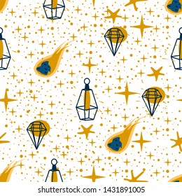 seamless pattern with a lamp stars comet on a white background - vector illustration, eps