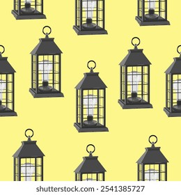 Seamless pattern lamp table lamp in black on a yellow background.Vector pattern for textiles,packaging, wallpaper.