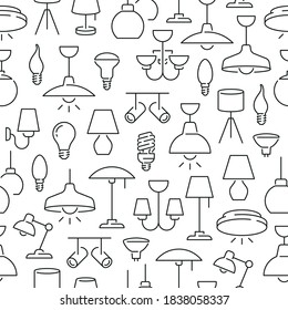 Patrón sin foco con lámparas. Iconos de línea delgada en blanco y negro