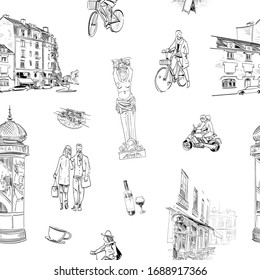 Seamless pattern landmarks and cafes of France. Place mat template design. Hand drawn sketch vector illustration. 