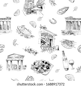 Seamless pattern landmarks and cafes of Greece. Place mat template design. Hand drawn sketch vector illustration. 