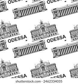 Patrón sin fisuras con Lugares famosos de Odessa. Ilustración vectorial. Ópera de Odesa y Teatro de Ballet con Ayuntamiento.