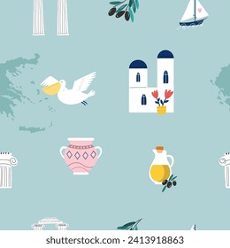 Seamless pattern with landmarks and symbols of Greece - olive oil, amphora, pelican, olive oil, Santorini buildings