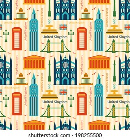 Seamless pattern with landmarks of United Kingdom, vector colorful cartoon flat objects