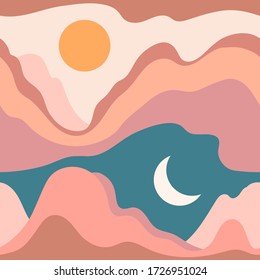 Seamless pattern with landscape, desert, mountains, Sun, Moon. Earth tones, burnt orange, terracotta colors. Boho wall decor. Abstract Mid century modern minimalist art print. Aesthetic background.