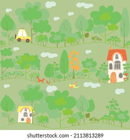 seamless pattern with landscape, houses, car and airplane
