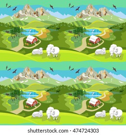 Seamless pattern. Landscape with the image of a farm, mountain, lake, forest and meadow. On a hill sheep grazing. Vector illustration.