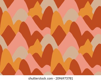 Seamless pattern with landscape, mountains in boho style. Vector illustration in earth tones, pastel terracotta colors. Bohemian wall decor. 