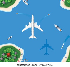 Seamless pattern landscape for recreation. Top view of the island paradise from helicopter seascapes. isle for vacation. Marine map with cities