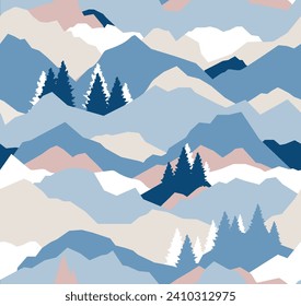 seamless Pattern of  landscape, sunrise in the mountains, panoramic view. Vector illustration of beautiful dark blue mountain landscape with fog. Sunset in mountains. Hills and rocks.