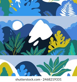 Seamless pattern with a landscape of tropical plants and mountains in the rays of the setting sun in the evening. Preservation of the environment. Vector illustration.