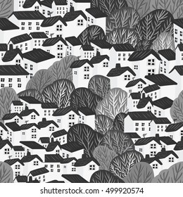 Seamless pattern with landscape. Vector illustration.