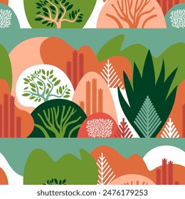 Seamless pattern with landscapes of cacti and succulents in canyons. Vector illustration.