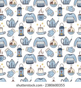 Seamless pattern. Lantern and kettle, mitten and glass balls, knitted sweater and blue Christmas cup, burning candle on white background. Colorful vector illustration hand drawn doodle. Festive print