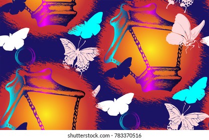 Seamless pattern of lanterns and butterflies. Vector illustration
