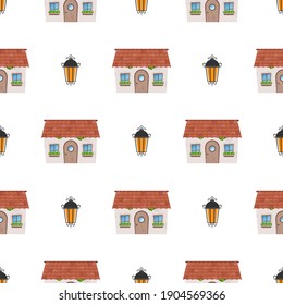 Seamless pattern with lanterns and houses. Endless background. Good for wrapping paper, postcards, and books. Vector illustration.
