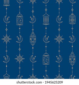 Seamless pattern with lanterns, moons, stars for Ramadan or Ramazan on dark background. Perfect for wallpaper, wrapping paper, greeting cards, Islamic holiday.