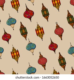 Seamless pattern and lanterns for Ramadan holiday. Performed in colored cartoon style. Stock illustration.