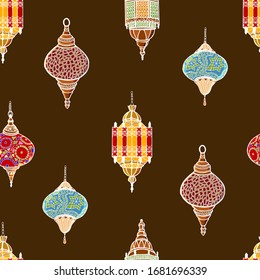 Seamless pattern  lanterns for Ramadan holiday. Performed in colored cartoon style. Stock illustration.	