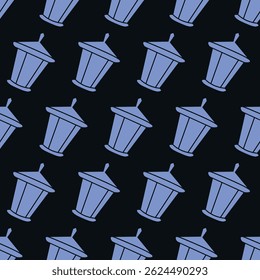 Seamless Pattern of Lanterns Street Lamps on Black Background. Concept of Streetlight Design, Urban Style, Nighttime Aesthetics, Minimalist Geometric Shapes, Modern Decor, Architecture Elements.