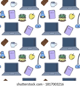 Seamless Pattern with laptop, notebook, apple, houseplant, table lamp, chocolate bar, cup. Doodle style device symbols. For printing wrapping paper, packaging, fabric. Hand Drawn vector illustration.