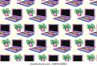 Patrón sin fisuras con portátil en estilo y2k. Fondo de Vector con ordenador portátil rosa vintage de los años 90.