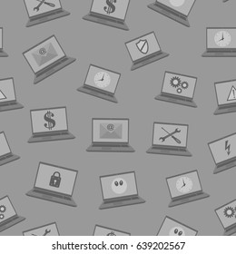Seamless pattern with laptops with characters on a gray background.