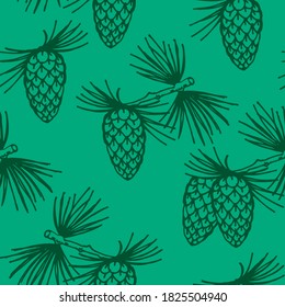 Seamless pattern with Larch foliage and pine cones. Green Larch branch ( Larix Decidua) art design elements. Nature. Christmas pattern. Hand drawn vector.