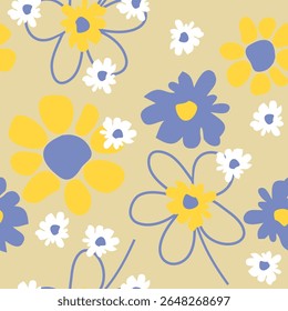 Seamless pattern with large abstract primitive hand drawn white, blue and yellow flowers on gray background. Summer collection. For textile design, wallpaper, wrapping paper, cover, home decor. Vector