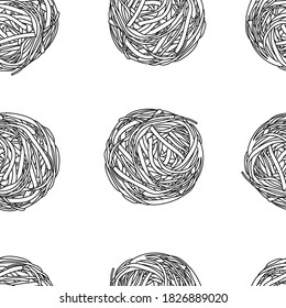 Seamless pattern of large balls of Italian pasta on a white background. Hand-drawn vector drawing, thin black outline.