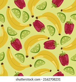 Seamless pattern with large bananas, strawberries and lime slices on a light green background. Botanical vector illustration for printing on clothing, textiles, paper, fabric, packaging.