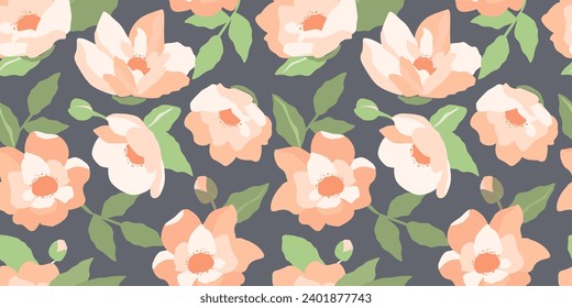 Seamless pattern with large beautiful apple flowers, buds, leaves. Abstract blossom for natural plant print. Vector graphics.