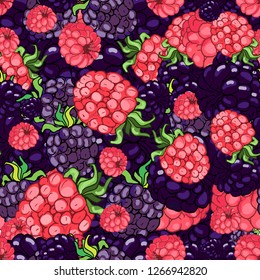 Seamless pattern with large berries, raspberries, blackberries. Background with wild berries, Hand drawing. Vector graphics eps 10