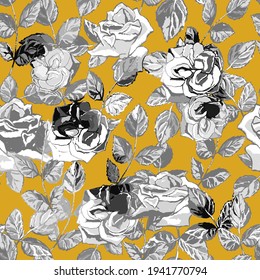 Seamless pattern with large black and white roses on a yellow background. Twigs with rose leaves, lush roses. Square vector illustration. Endless floral print background. Eps 10.