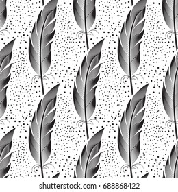 Seamless pattern with large black and white feathers and dots. Vector graphics. Style engraving