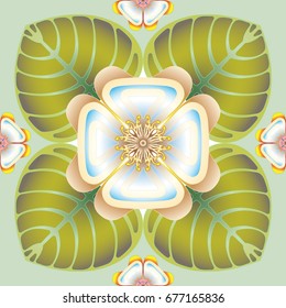 Seamless pattern. Large blue with gold flowers with green leaves and small blue-gold and with orange-yellow flowers on light green background.