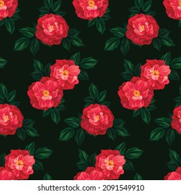 Seamless pattern with large buds of a wild rose. Floral pattern with lush red flowers and green leaves. Botanical background, imitation of watercolor. Vector.