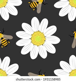 Seamless pattern with large chamomile flowers and honey bees on a dark gray background. For printing on fabrics, textiles, paper, interior design. Vector graphics.