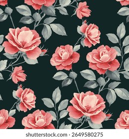 A seamless pattern of large, detailed roses. The roses are a soft, rosy pink color, with subtle shading and variations in tone to create a three dimensional effect. The flowers are set against a deep.