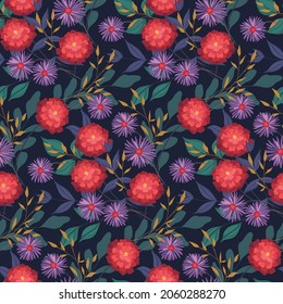Seamless pattern with large flower buds. Abstract composition of flowers, leaves, various twigs and herbs. Dark print with a mystical vibe. Vector.