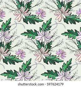 Seamless pattern with large flowers of chrysanthemums and small beads on a light background.