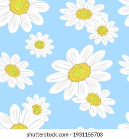 Patrón sin foco con grandes margaritas floridas sobre un fondo azul. Para imprimir sobre telas, textiles, papel, diseño interior. Gráficos vectoriales.