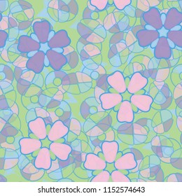 Seamless pattern. Large flowers lying on abstract translucent figures. In the background, there are five-pointed stars.