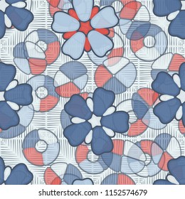 Seamless pattern. Large flowers lying on abstract translucent figures. In the background there are squares consisting of strokes.