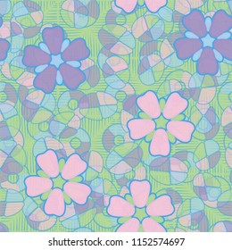 Seamless pattern. Large flowers lying on abstract translucent figures. In the background there are squares consisting of strokes.