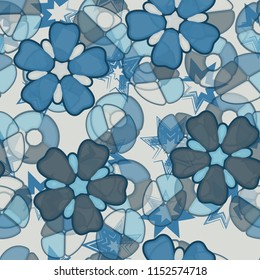 Seamless pattern. Large flowers lying on abstract translucent figures. The seven-pointed stars are in the background.