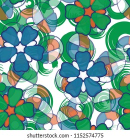 Seamless pattern. Large flowers lying on abstract translucent figures. In the background there are circles.