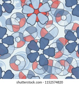 Seamless pattern. Large flowers lying on abstract translucent figures. In the background there are circles.